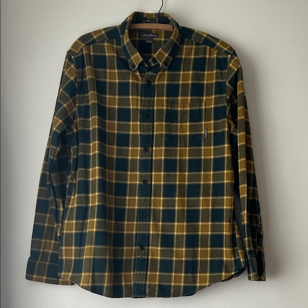 Eddie Bauer Green and Yellow Plaid Flannel Shirt